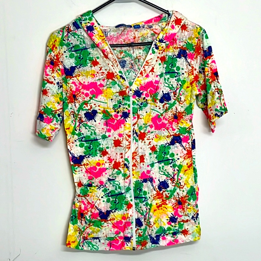 🌞 Like an Angel neon paint splash short sleeve lightweight hoodie women size L